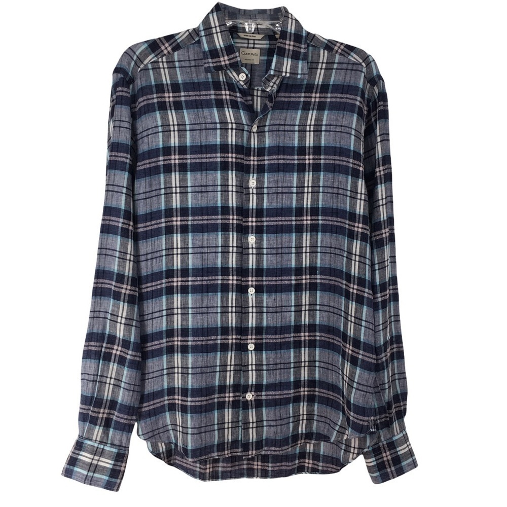 Culturata Blue/Pink/White Tailored Fit Linen Button Up Shirt - Size S - 15/38